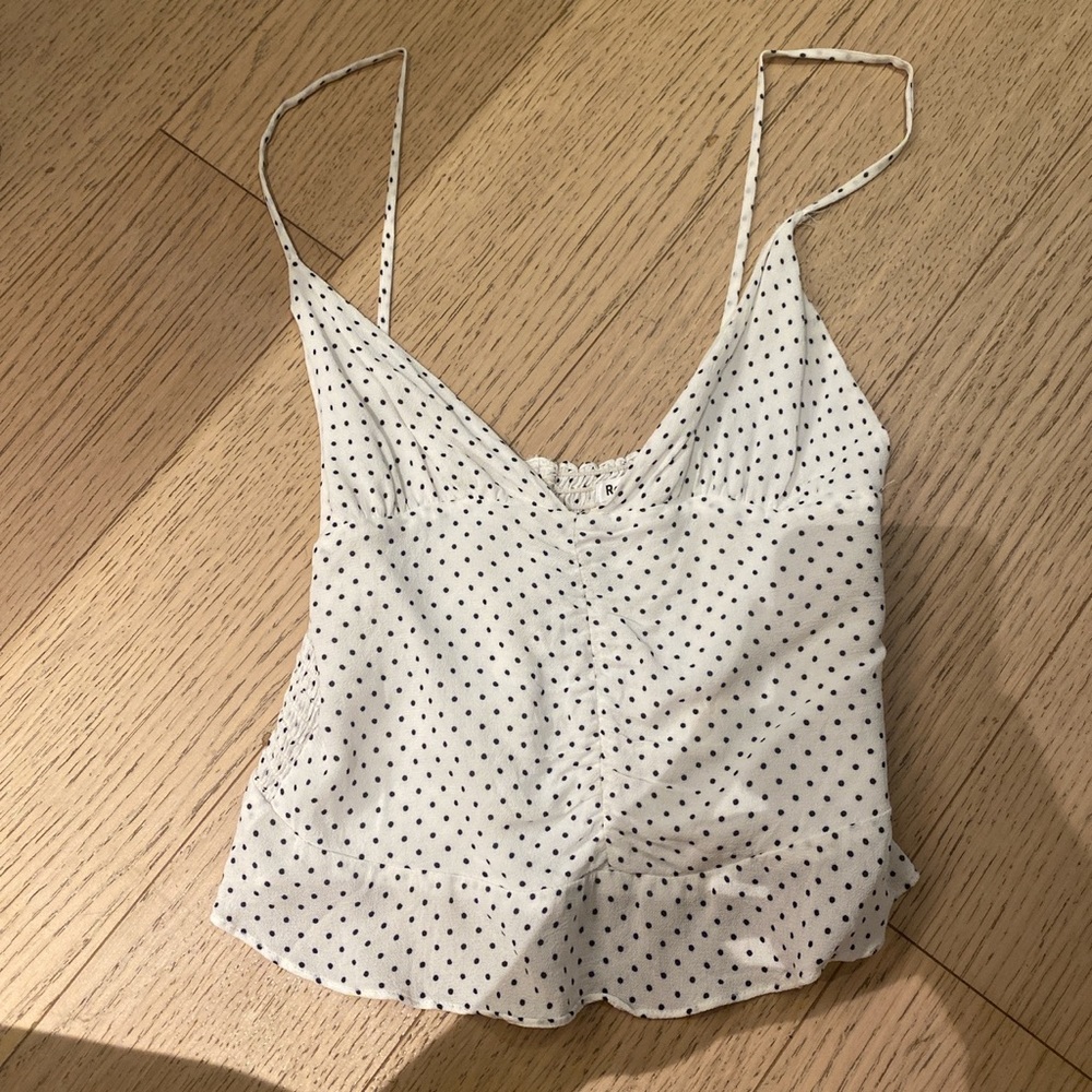 Reformation low cut tank ruffled bottom black and white polka dot